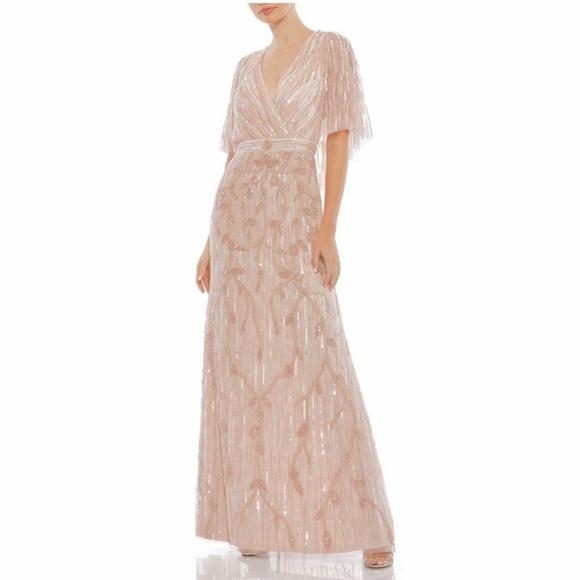 MAC DUGGAL Wrap Front Beaded Cape Gown NEW Blush Pink Size 10 Dress - Picture 3 of 15
